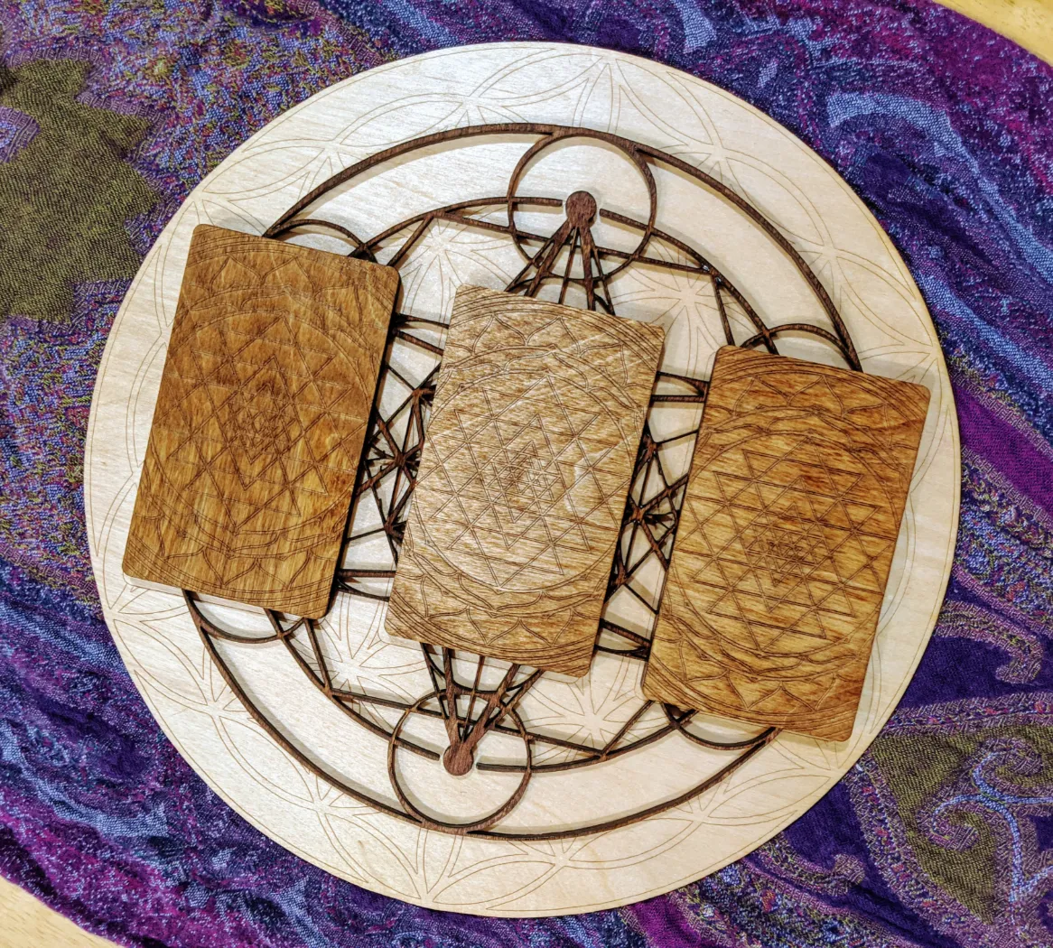 Wooden laser cut Tarot board. Three card spread scared geometry design