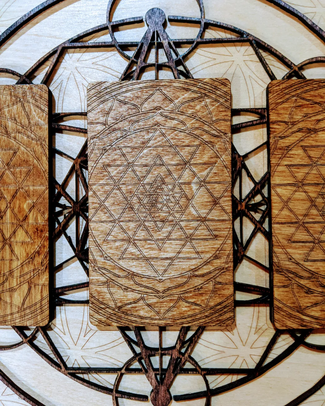 Wooden laser cut Tarot board. Three card spread scared geometry design