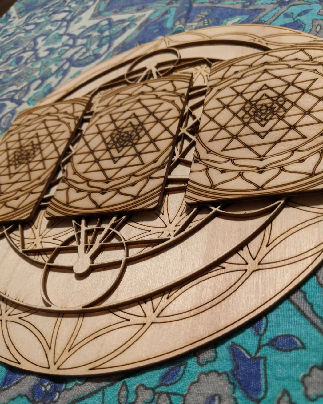 Wooden laser cut Tarot board. Three card spread scared geometry design
