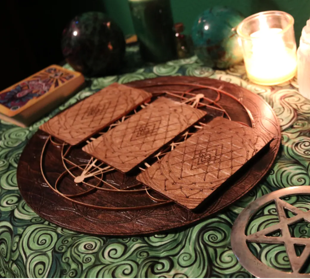 Wooden laser cut Tarot board. Three card spread scared geometry design