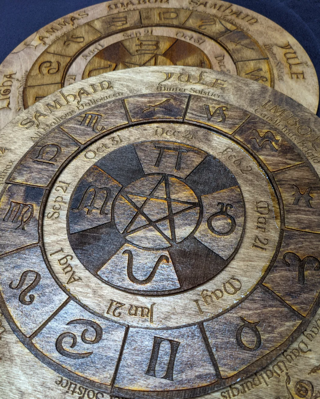 Wooden laser cut pentacle Sabbat wheel of the year calendar
