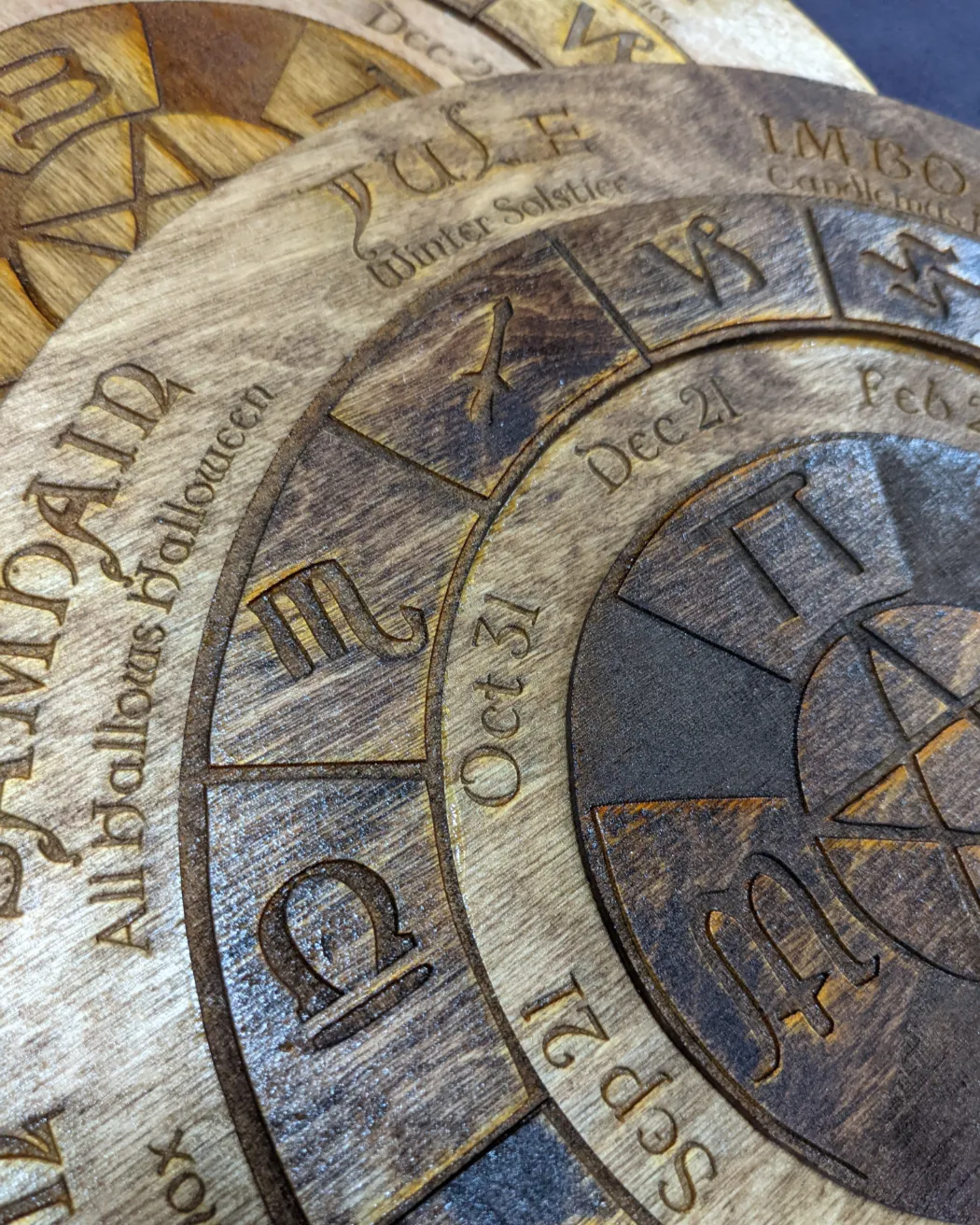 Wooden laser cut pentacle Sabbat wheel of the year calendar