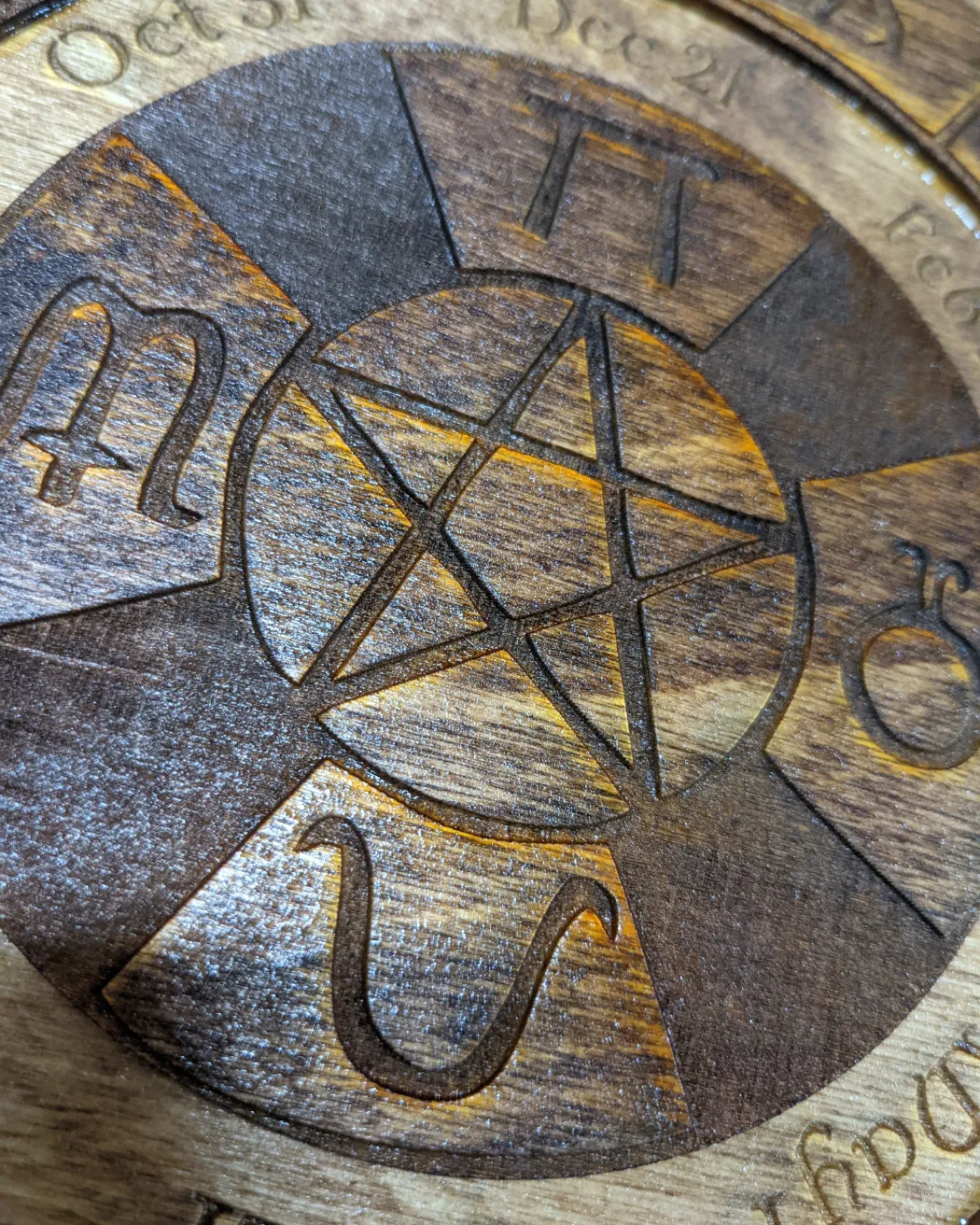 Wooden laser cut pentacle Sabbat wheel of the year calendar