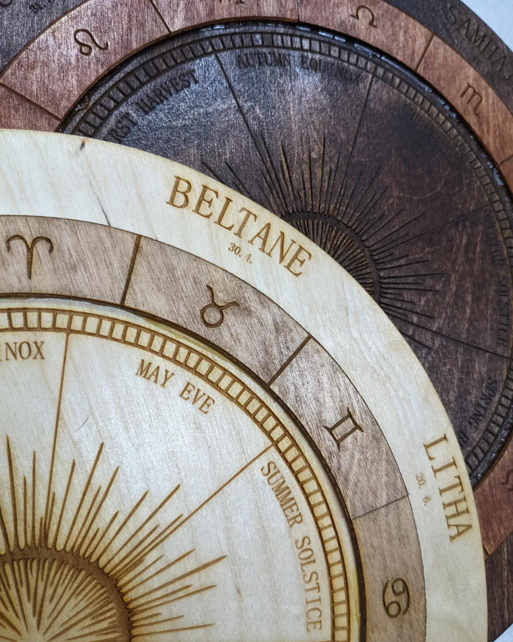 Wooden laser cut Burst Sabbat wheel of the year calendar
