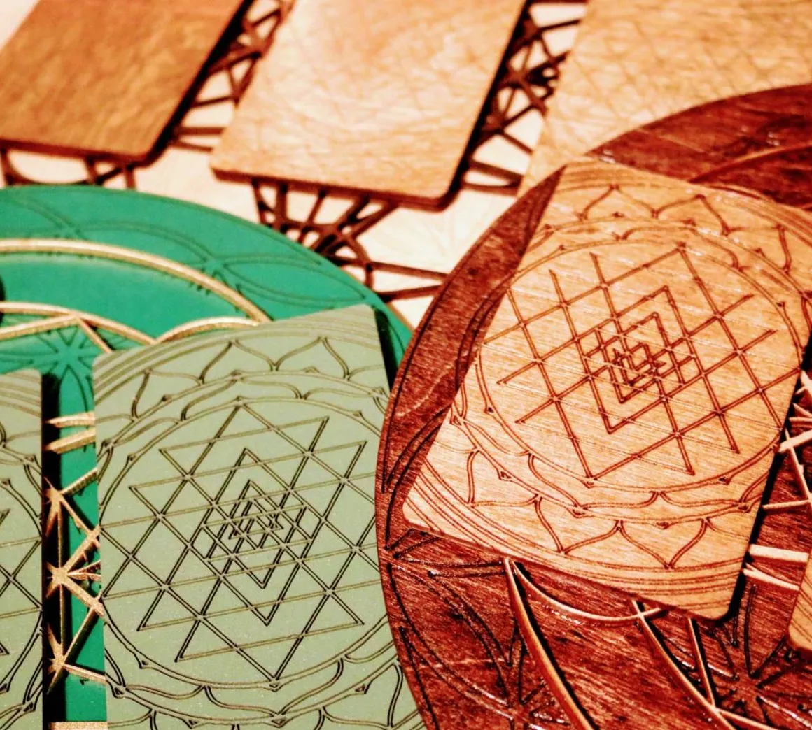 Wooden laser cut Tarot board. Three card spread scared geometry design