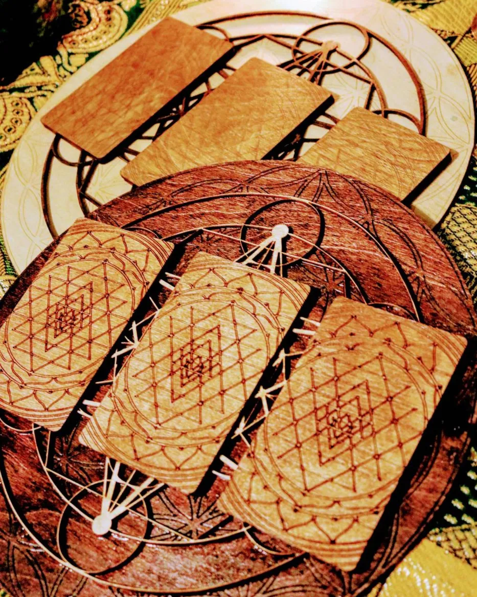 Wooden laser cut Tarot board. Three card spread scared geometry design