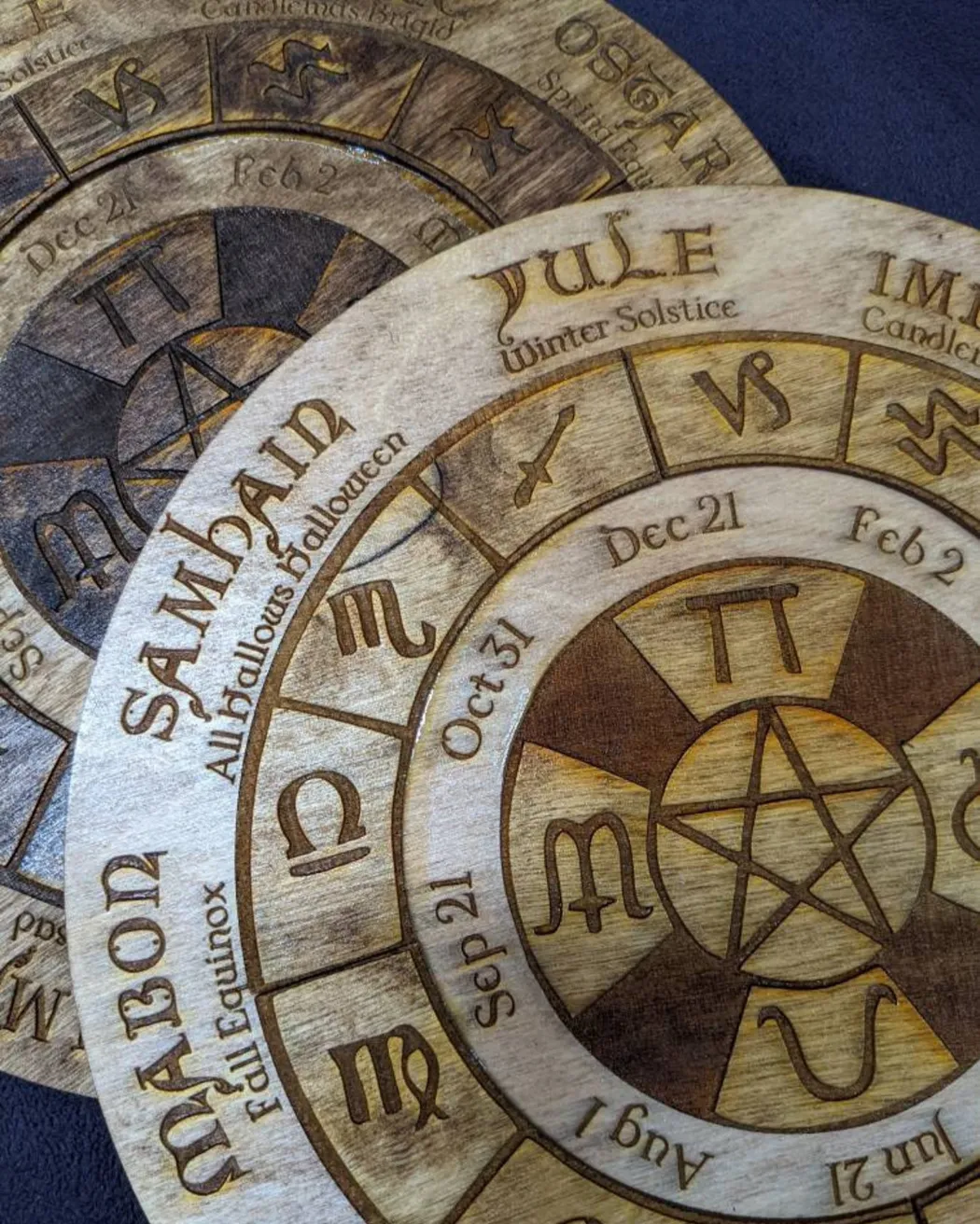 Wooden laser cut pentacle Sabbat wheel of the year calendar
