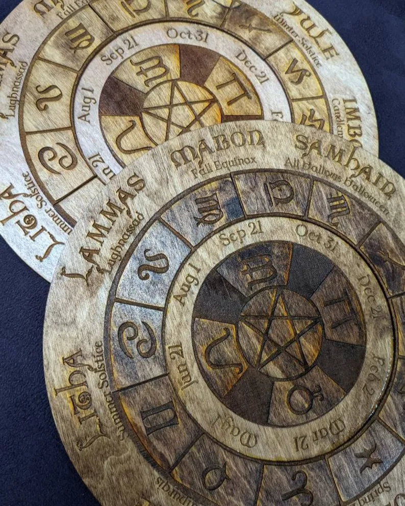 Wooden laser cut pentacle Sabbat wheel of the year calendar