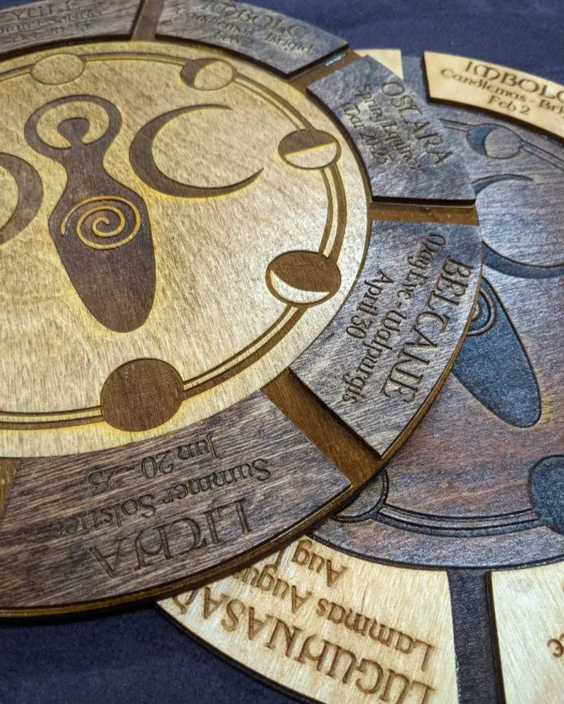 Wooden laser cut Goddess Sabbat wheel of the year calendar
