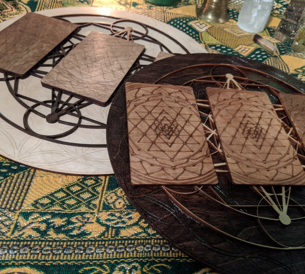 Wooden laser cut Tarot board. Three card spread scared geometry design