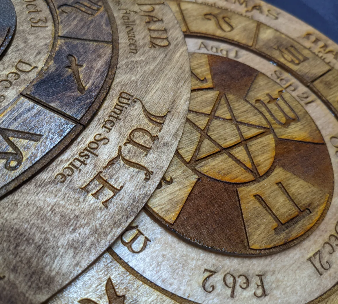 Wooden laser cut pentacle Sabbat wheel of the year calendar