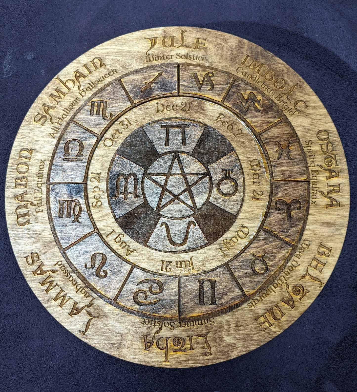 Wooden laser cut pentacle Sabbat wheel of the year calendar