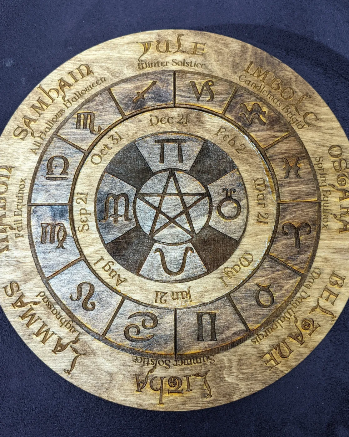 Wooden laser cut pentacle Sabbat wheel of the year calendar