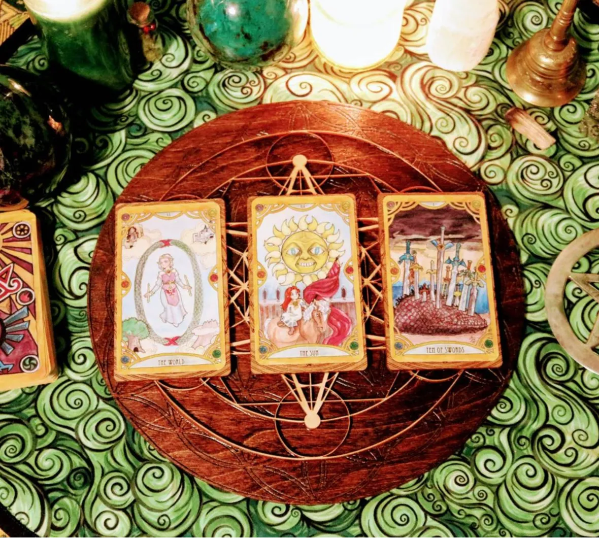 Wooden laser cut Tarot board. Three card spread scared geometry design