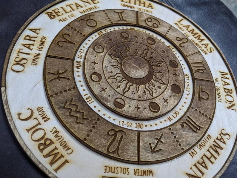 Wooden laser cut Moon and Sun Sabbat wheel of the year calendar