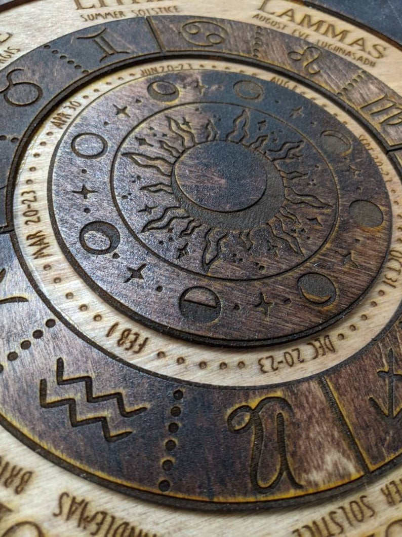 Wooden laser cut Moon and Sun Sabbat wheel of the year calendar