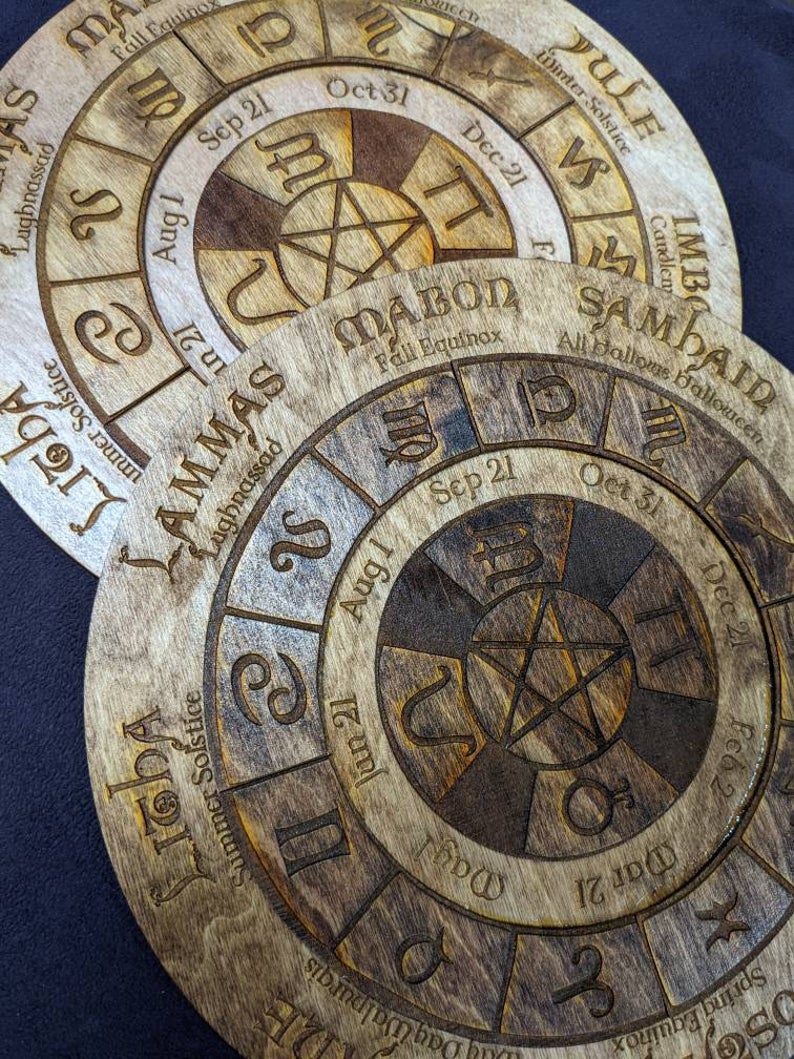 Wooden laser cut pentacle Sabbat wheel of the year calendar